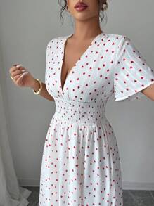 Elenzga Vestido largo con cordón, escote profundo y plisado, con estampado de corazones, para mujer de verano - Blanco - Ver 6