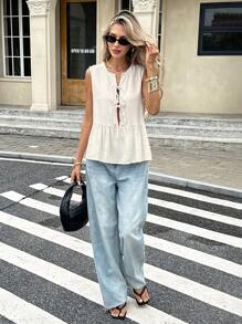 Serisse Women's  Bridgerton Sleeveless Shirt, Simple Vacation Lace Up Short Top, Summer Blouse For Women, Front Lace Up, Lace Up Blouse, Short Sleeve Blouse, Cute Summer Blouse  Wear Women's Solid Color Strap Sleeveless Vacation & Leisure Shirt Earthy Clothes