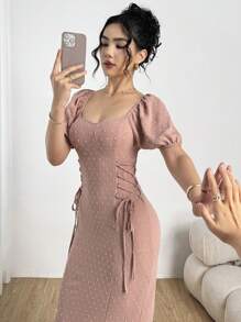 Modelyn Slit Detail Jacquard Lace-Up Puff Sleeve Elegant Summer Women Dress