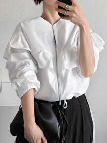 FRIFUL 女士休闲圆领拉链夹克，袖口带荷叶边，下摆带抽绳，百搭 - 白色 - 查看 3