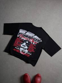 Manfinity Camiseta de Moda Callejera para Hombres Estilo Hip Hop Americano con Estampado de Retrato de Cabeza Grande de Doble Cara de Dibujos Animados - Negro - Ver 7