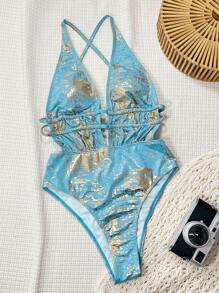 Swim SXY Elenzya-D 女士金色金属面料深V抽绳休闲沙滩连体泳衣 - 藍色 - 查看 3