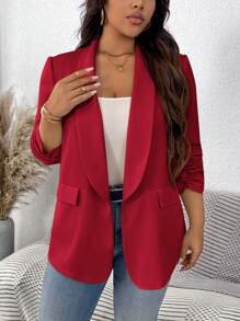 SHEIN LUNE Áo khoác blazer nữ màu trơn cổ tròn tay nhún thường ngày cỡ lớn Áo khoác blazer nữ màu đỏ Áo khoác blazer nữ màu đỏ Áo khoác vest màu đỏ cho mùa thu/đông - Đỏ - Xem 4