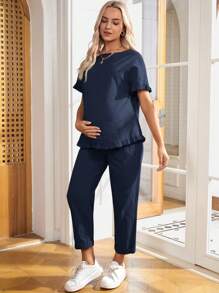 SHEIN Maternity Two Pieces Suits Summer Brunch Outfits For Women Ruffle - Navy Blue - View 4