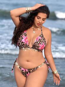 Swim Vcay Plus Size 2pcs Set Random Bling Decor Halter Triangle Bikini, Sexy Minimalist Fashion Women Beach Wear For Summer Beach Vacation - Multicolor - View 4