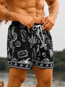 Surfspeed Men's Starfish Print Drawstring Waist Beach Shorts - Black - View 4