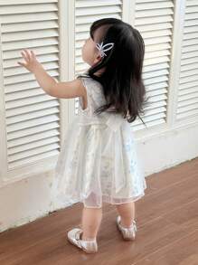 Dazy Kids Baby Mädchen V-Ausschnitt Kleid mit Blumen-Muster, Mesh-Patchwork, mittellange Länge, für Geburtstagsfeiern und formelle Anlässe