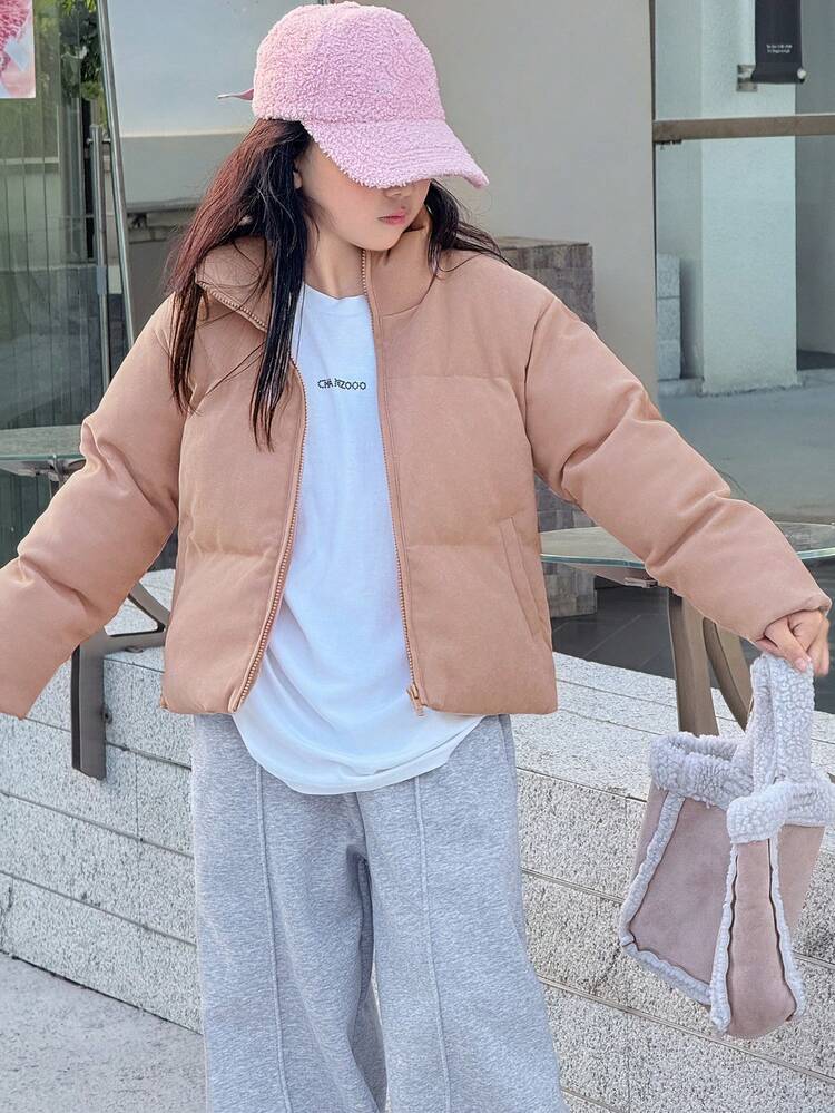 Tween Girls Plain Casual Long Sleeve Padded Coat