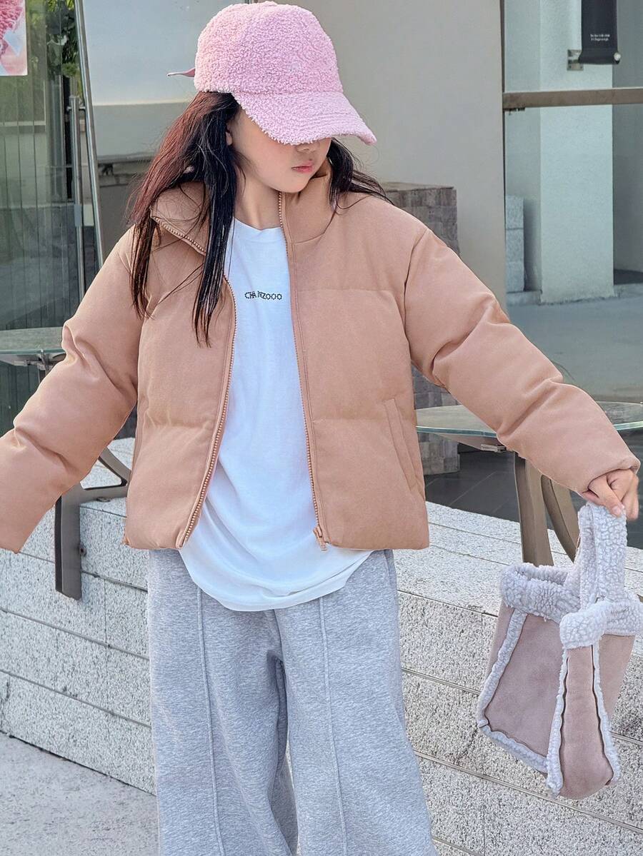 DAZY 青少年女孩纯色休闲长袖棉衣 - 淺粉色 - 查看 1