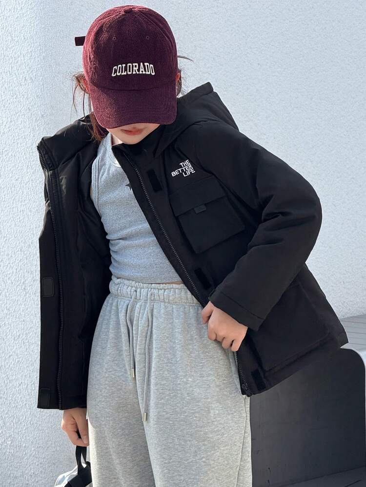 Tween Girls' Letter Embroidery Hooded Solid Color Casual Long Sleeve Jacket, Korean Style