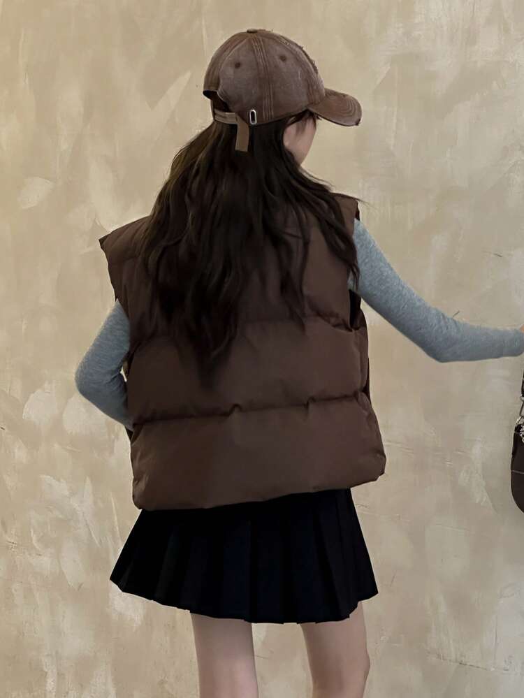 Teen Girls Casual Solid Color Vest Jacket , Puffer Vest