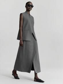 Ontre Conjunto de traje gris oscuro de estilo urbano con tela resistente a las arrugas que incluye blazer, chaleco y minifalda, atuendo de oficina casual, corte suelto