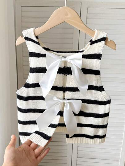 SHEIN Chaqueta de punto con cuello redondo acanalada, con rayas y lazo delantero, informal para niña preadolescente, de vuelta al colegio