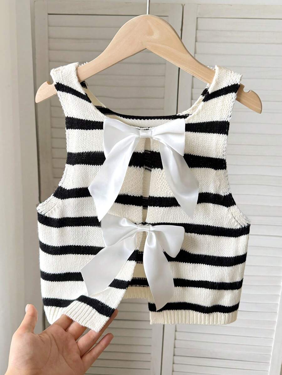 SHEIN 青少年女孩休闲针织圆领罗纹条纹蝴蝶结前开衫，返校季 - 白色 - 查看 1