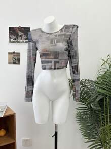 DAZY 女士网眼印花修身短款上衣，节日花朵度假海滩装，春夏长袖女上衣，秋季女装 - 彩色 - 查看 8