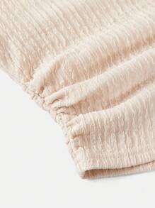 SHEIN 青少年女孩休闲时尚百搭针织纹理圆领褶皱腰修身短袖上衣和宽松阔腿长裤套装，周末休闲出游，返校 - 卡其色 - 查看 6