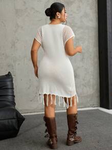 SHEIN EZwear Vestido ajustado de mujer de talla grande con diseño de lazo, de manga corta, con flecos y con abertura en el Body - Blanco - Ver 2