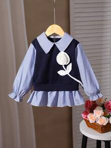 女童条纹领衬衫，甜美公主风蓝白条纹长袖拼接，饰有3D立体花朵荷叶边下摆，柔软轻盈，适合春秋季、开学季及四季穿着 - 藍色 - 查看 4