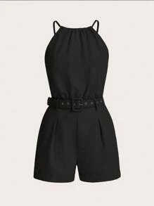 EMERY ROSE Women's Fashion Solid Color Open Shoulder Jumpsuit With Cinched Waist - Black - View 3