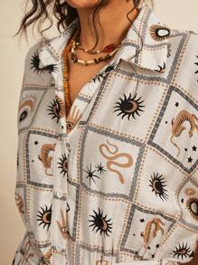 Freevana 大码女式休闲连衣裙，白色底色配咖啡色印花 - 彩色 - 查看 7