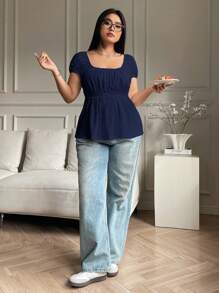 Solflare Plus Size Navy Blue Hollow Out Semi-Sheer T-Shirt, Summer,Back To School , Square Neck Top - Navy Blue - View 3