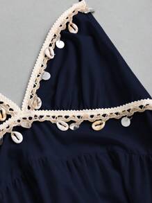 Sweetra 女式贝壳边饰腰部系带挂脖中长连衣裙 - 藏蓝色 - 查看 4