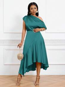 SHEIN Tall CURVE 加大码不对称下摆缎面收腰礼服，优雅晚礼服 - 青碧色 - 查看 5