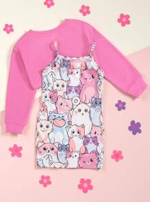 SHEIN 女小童卡通圖案吊帶連衣裙和前短後長T恤