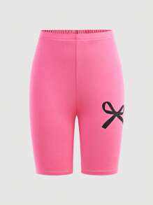 Conjunto de 2 peças de camiseta e shorts de ciclismo skinny com estampa de laço contrastante para meninas adolescentes, para a volta às aulas e cheio de estilo para meninas