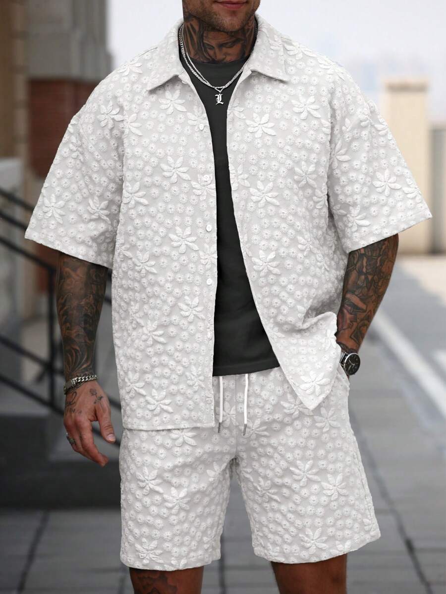 Manfinity RSRT Men's Woven Texture Jacquard Shirt And Shorts Set - White - View 1