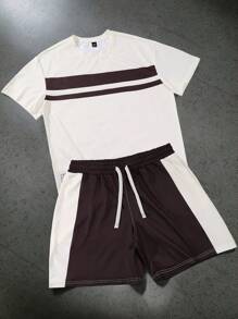 Manfinity Homme Conjunto informal para hombres de camiseta de manga corta con cuello redondo, estampado de rayas y palmas, y shorts con cordón en la cintura