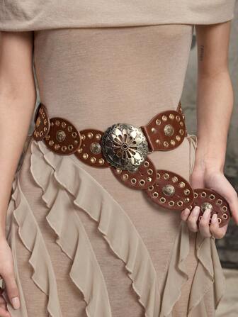 Hippie 1pc Women's Brown Oval Leather Circle Buckle Hollow Floral Decorated Bohemian Western Style Belt, Accessory For Dress, Jeans, Everyday Wear