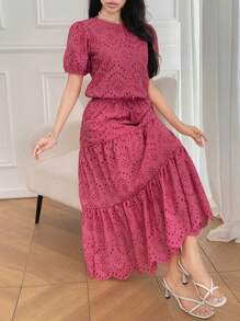 DAZY 女士两件套：镂空刺绣泡泡袖上衣和半身裙 - 粉色 - 查看 1