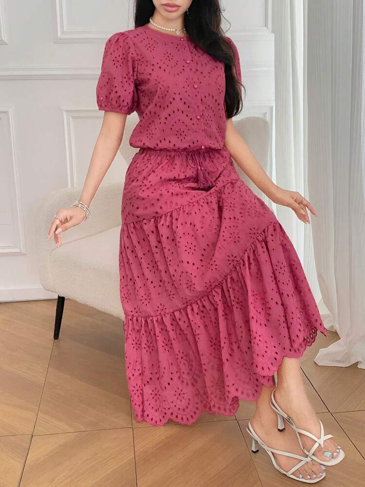 Women's 2 Pieces Set: Hollow-Out Embroidered Puff Sleeve Blouse And Skirt