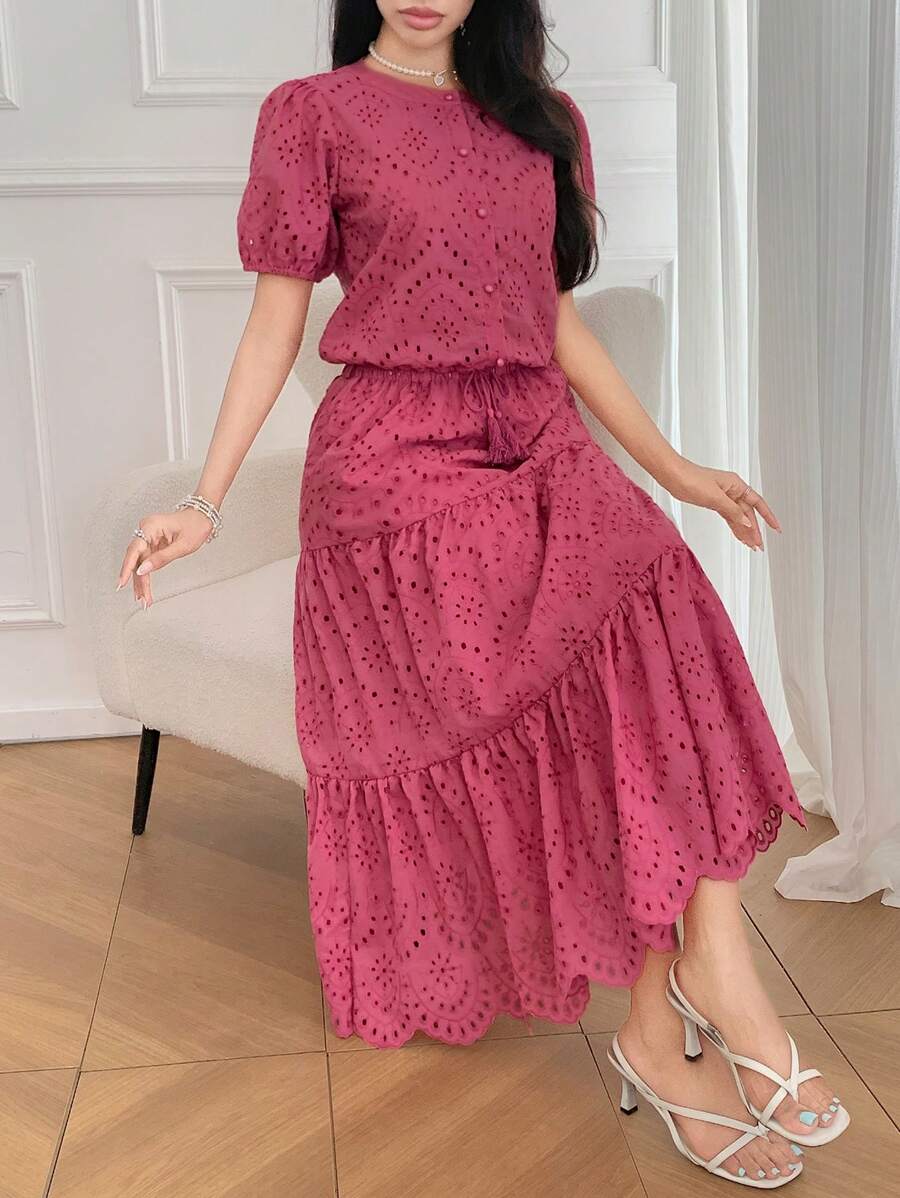 DAZY 女士两件套：镂空刺绣泡泡袖上衣和半身裙 - 粉色 - 查看 1