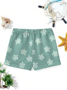 Tween Boys' Casual Fashionable Cute Cartoon Turtle Print Loose Beach Shorts, Suitable For Summer, Beach, Outdoors, Swimming