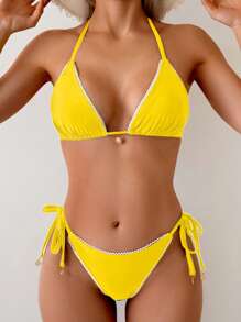 Swim Basics 2 bộ bikini tam giác gợi cảm đơn giản viền ren buộc cổ cho nữ - Màu vàng - Xem 3