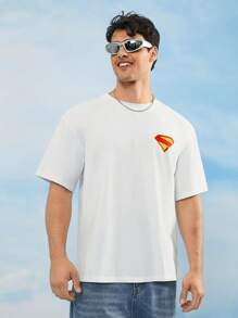 SHEIN SUPERMAN 2025 Camiseta de manga corta blanca de verano casual para hombres con estampado de figura de héroe y letras - Blanco - Ver 4