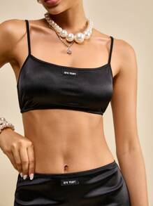 Muvela Women's Versatile Stretch Satin Cami Top Black Crop Top Women Crop Top Built In Bra Top Club - Black - View 6