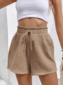 SHEIN Frenchy Women's Minimalist Solid Color Textured Tie-Waist Shorts, Summer Chic - Camel - View 3
