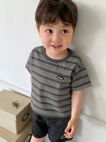 Hapijoa 幼儿男童休闲圆领条纹皮革标签装饰短袖T恤 - 灰色 - 查看 3