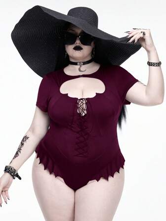Goth Body con estilo gótico para verano, con bajo de murciélago, cuello hueco y talla grande, color rojo vino