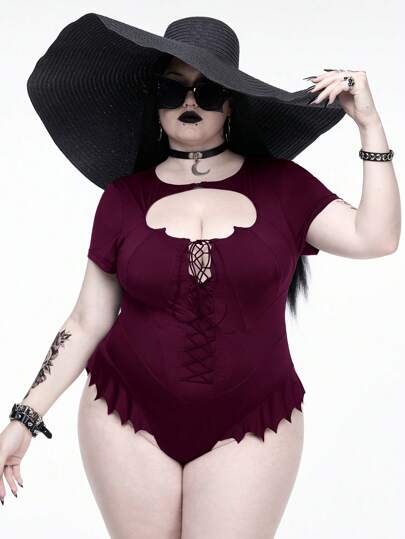 Back To School  Gothic Style Summer Beach Bat Hem Collar Hollow Out Plus Size Women's Bodysuit, Wine Red