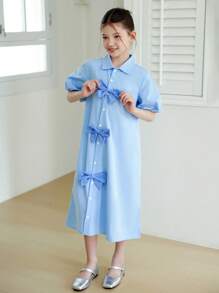 青少年女孩优雅蝴蝶结装饰夏装 - 藍色 - 查看 7