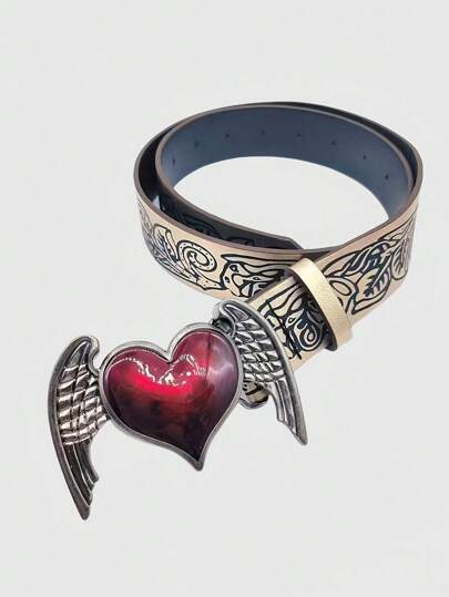 Grunge Punk Punk Vintage Embossed Heart Wings Waist Belt, Y2K Baddie Gothic Style, Versatile