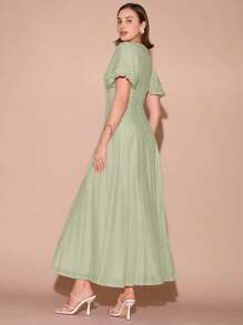 Enchnt Đầm suông tay bồng xếp ly cổ tròn màu trơn thanh lịch cho nữ - Màu xanh Bạc hà - Xem 7