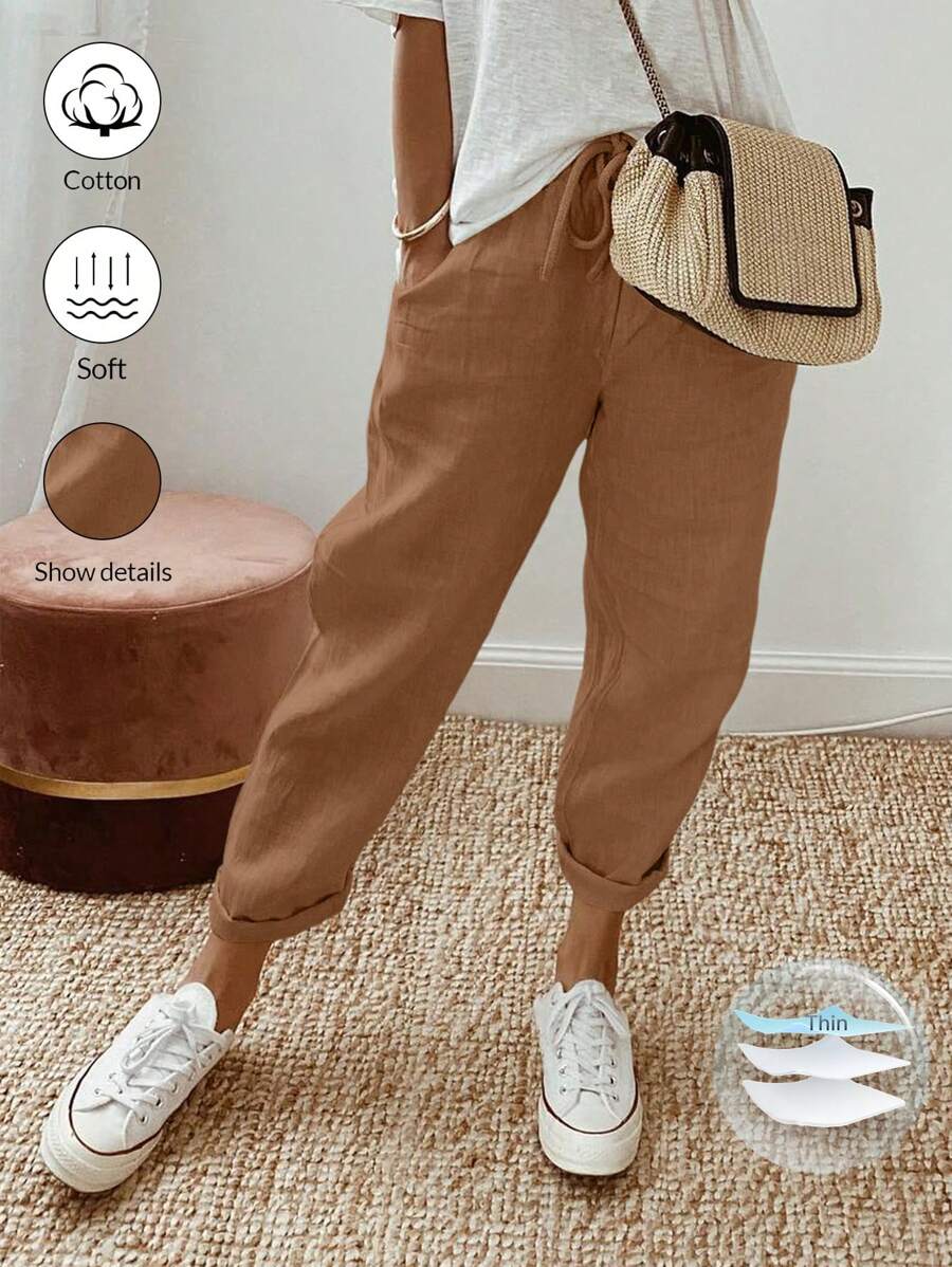 Breezaya 女士純色簡約日常長褲 - 棕色 - 查看 1