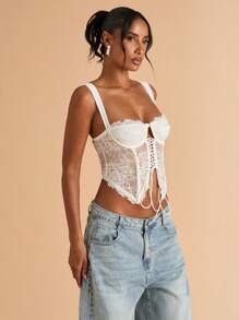 SHEIN BAE Áo croptop ren xuyên thấu gợi cảm dành cho nữ, thích hợp cho buổi hẹn hò, tiệc độc thân, tiệc sinh nhật, tiệc cocktail, hộp đêm, tiệc lễ hội, ngày Valentine. - trắng - Xem 5