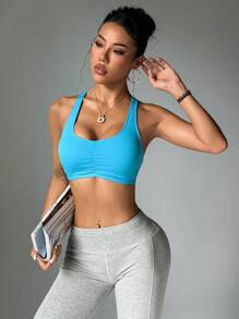 Dewbera Dewbera Soutien-gorge de sport sans dos de couleur unie simple pour femmes - Bleu azur - Voir 1