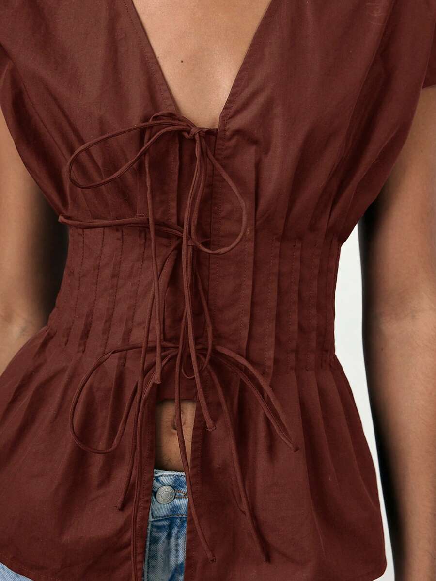 Maija Spring/Summer New V-Neck Front Tie Bow Waist Pleated Shoulder Puff Sleeve Women Shirt, Coffee Brown, Elegant For Carnival, Party, Valentine's Day - Burgundy - View 1